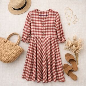 Silhouettes Red Gingham Prairie 1/4button Fit And Flair Dress. Ladies Size Med